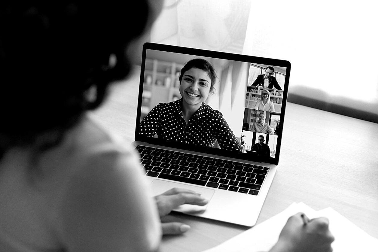 Woman worker have webcam online meeting with colleagues